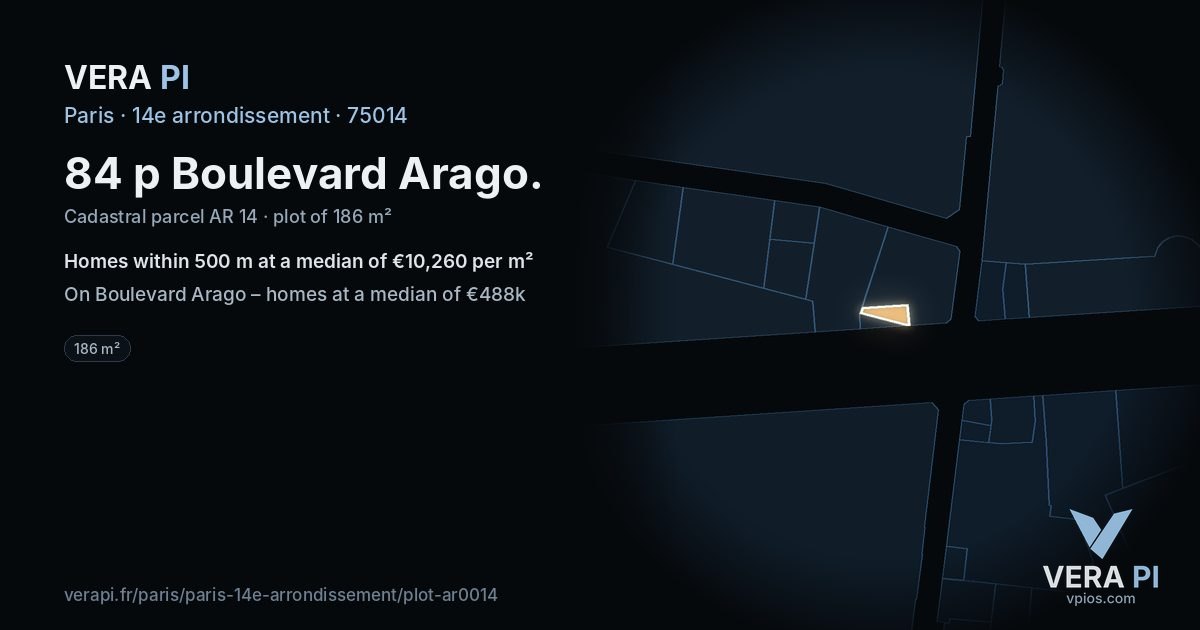 84 p Boulevard Arago, 14e arrondissement at night – the plot lit, the parcels around coloured by the prices near them