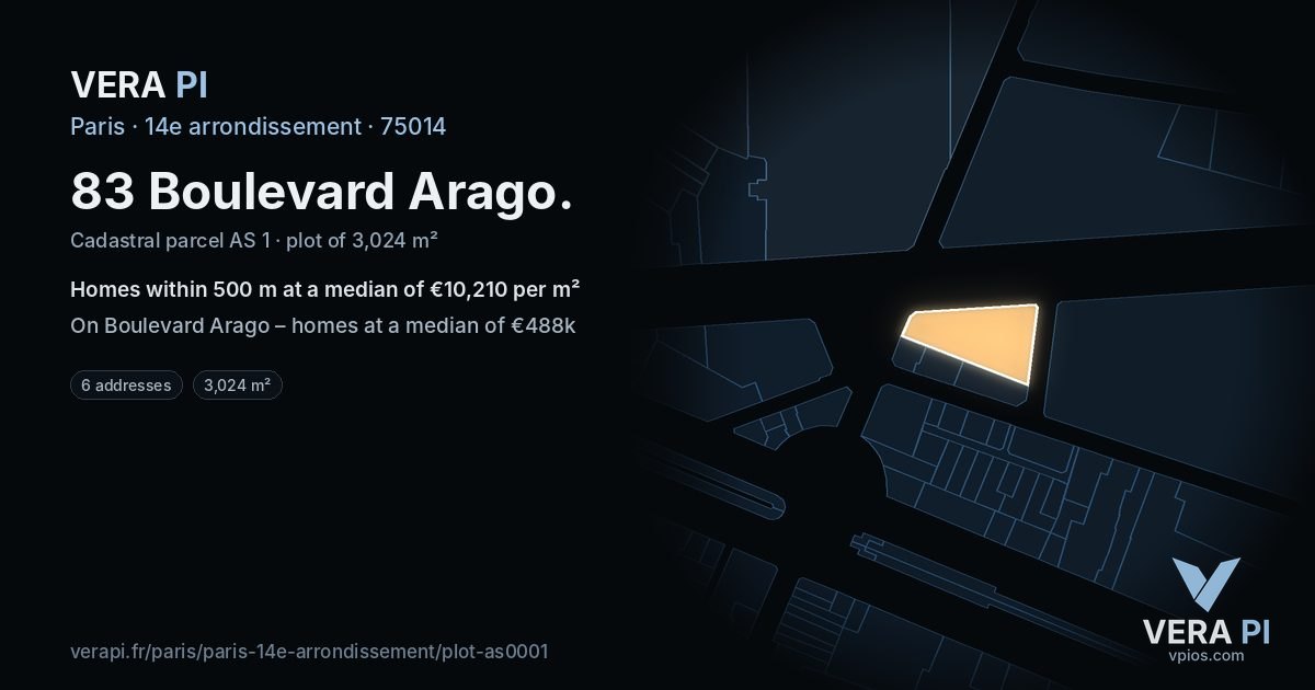 83 Boulevard Arago, 14e arrondissement at night – the plot lit, the parcels around coloured by the prices near them