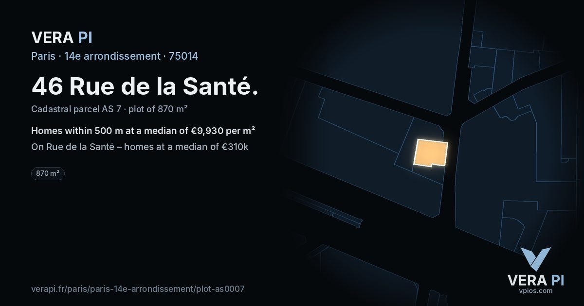 46 Rue de la Santé, 14e arrondissement at night – the plot lit, the parcels around coloured by the prices near them
