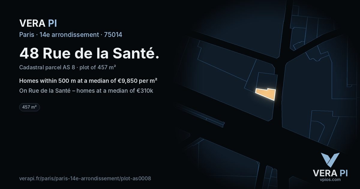 48 Rue de la Santé, 14e arrondissement at night – the plot lit, the parcels around coloured by the prices near them