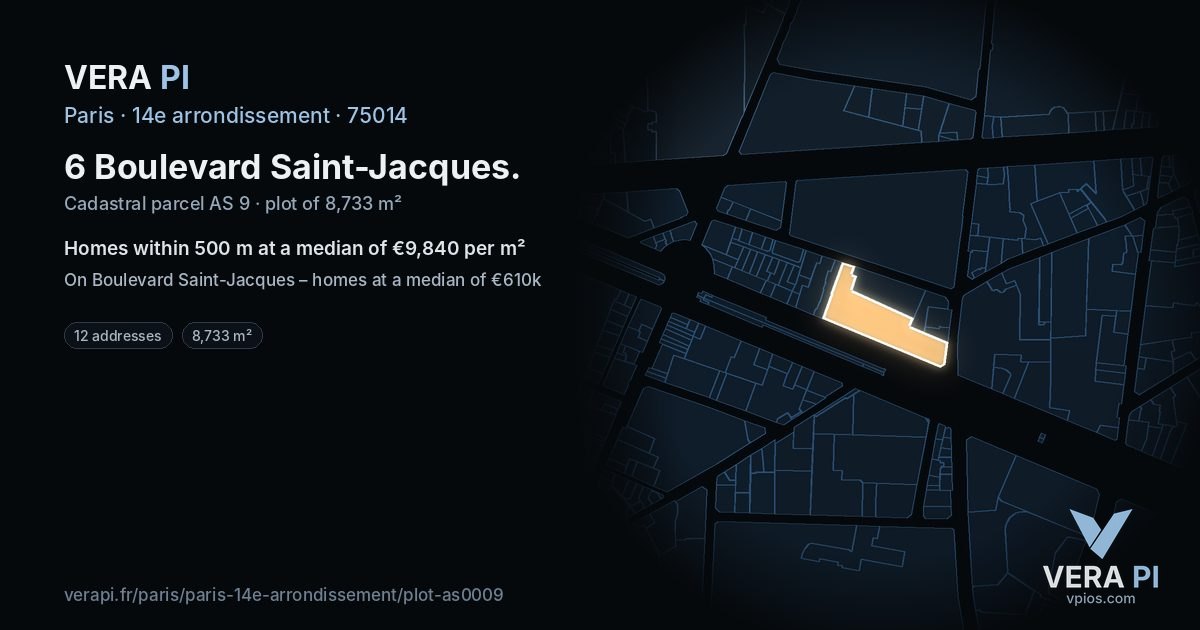 6 Boulevard Saint-Jacques, 14e arrondissement at night – the plot lit, the parcels around coloured by the prices near them