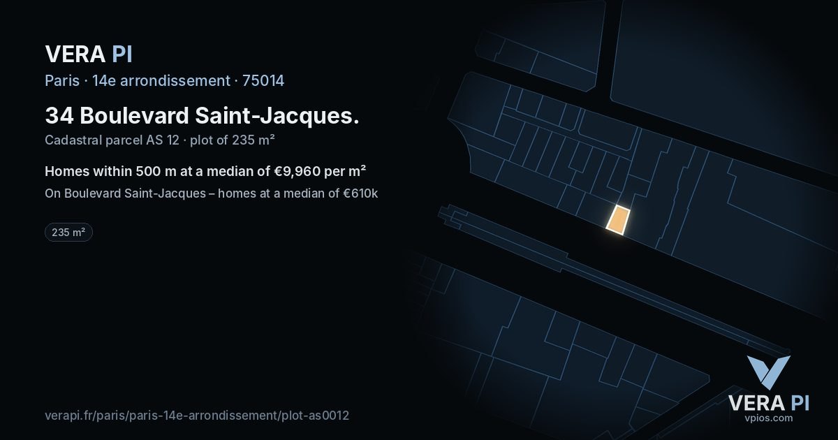 34 Boulevard Saint-Jacques, 14e arrondissement at night – the plot lit, the parcels around coloured by the prices near them