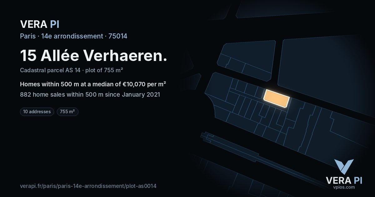 15 Allée Verhaeren, 14e arrondissement at night – the plot lit, the parcels around coloured by the prices near them