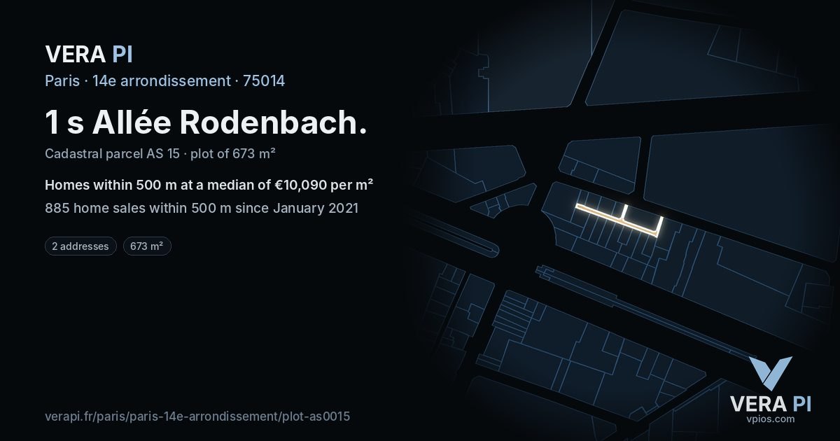 1 s Allée Rodenbach, 14e arrondissement at night – the plot lit, the parcels around coloured by the prices near them