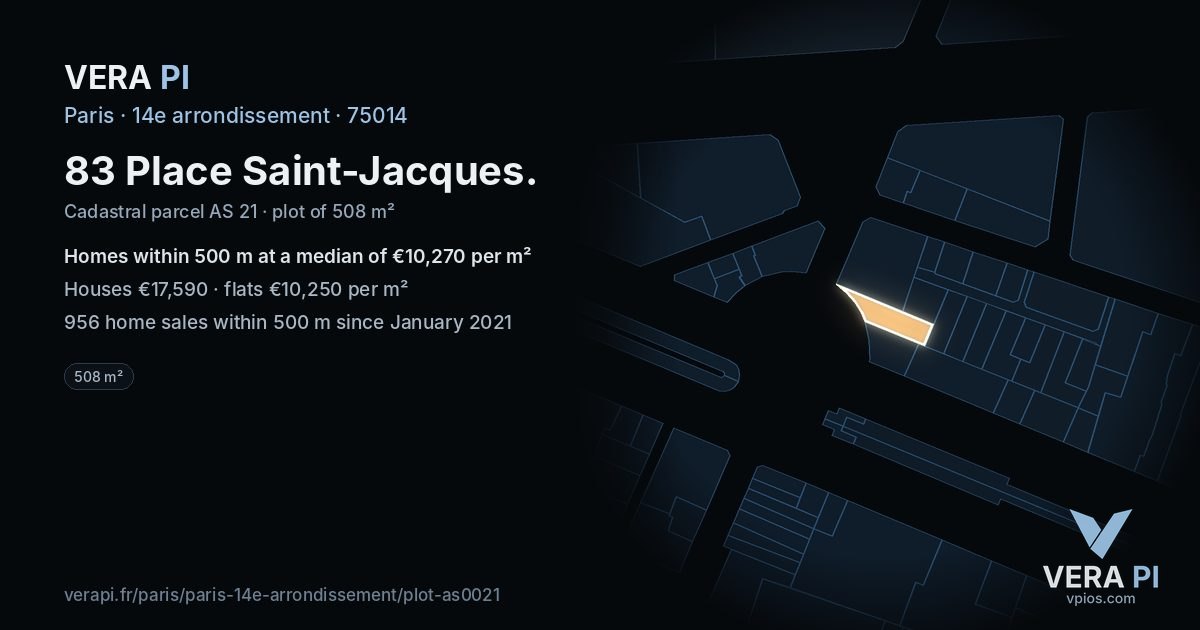 83 Place Saint-Jacques, 14e arrondissement at night – the plot lit, the parcels around coloured by the prices near them