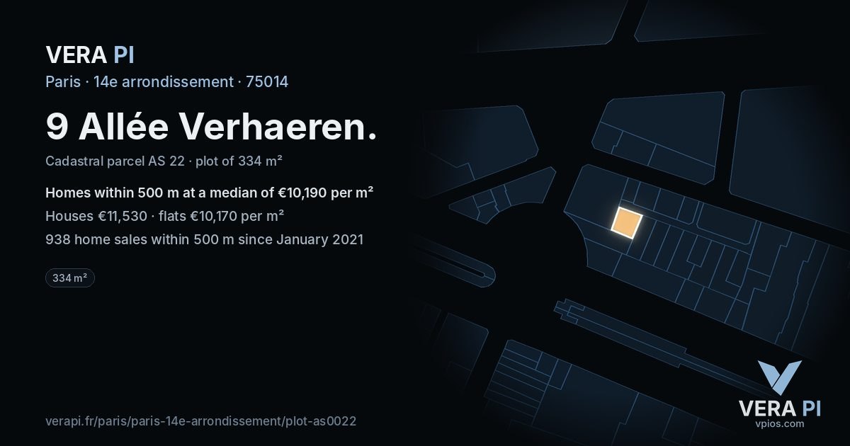 9 Allée Verhaeren, 14e arrondissement at night – the plot lit, the parcels around coloured by the prices near them