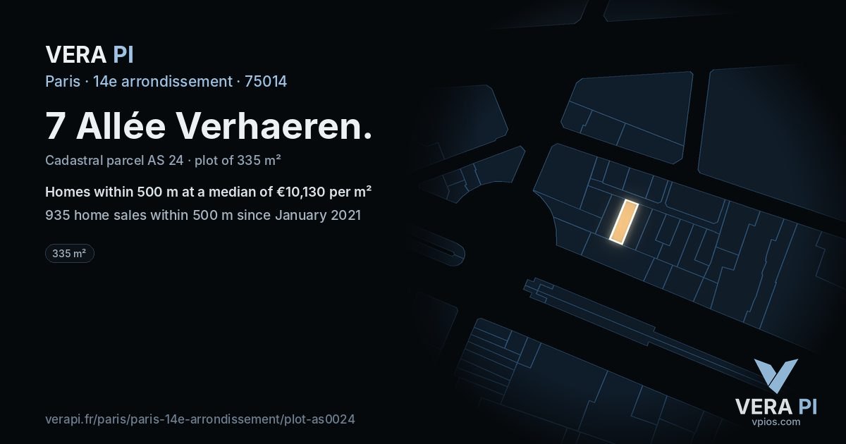 7 Allée Verhaeren, 14e arrondissement at night – the plot lit, the parcels around coloured by the prices near them
