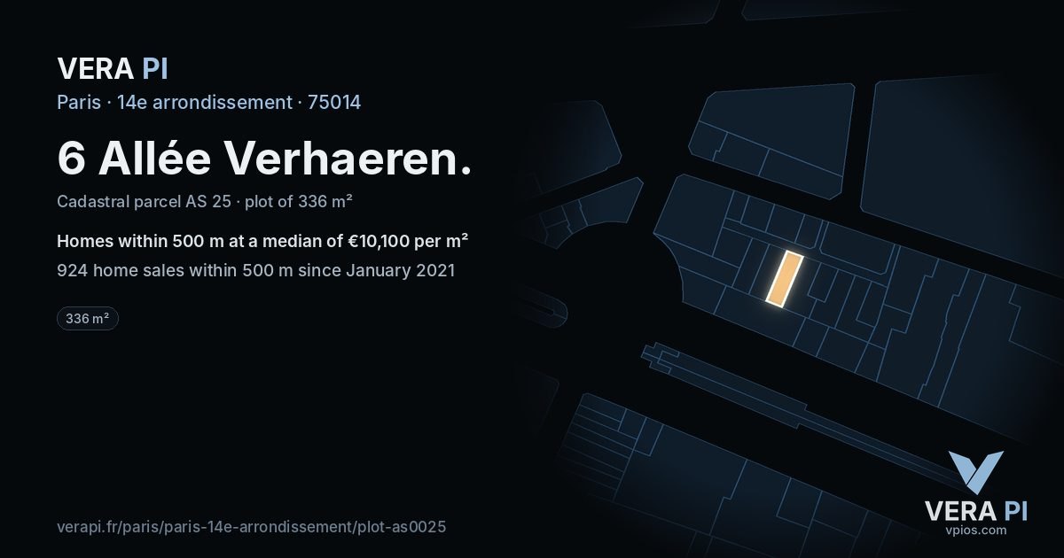 6 Allée Verhaeren, 14e arrondissement at night – the plot lit, the parcels around coloured by the prices near them