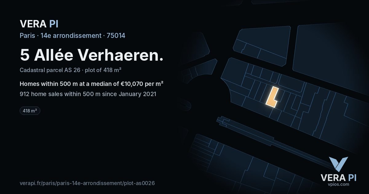 5 Allée Verhaeren, 14e arrondissement at night – the plot lit, the parcels around coloured by the prices near them