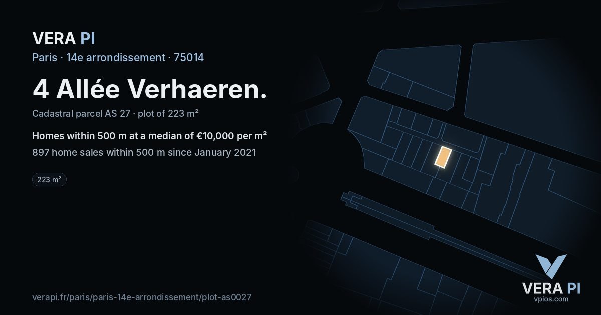 4 Allée Verhaeren, 14e arrondissement at night – the plot lit, the parcels around coloured by the prices near them