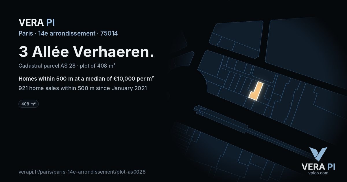 3 Allée Verhaeren, 14e arrondissement at night – the plot lit, the parcels around coloured by the prices near them