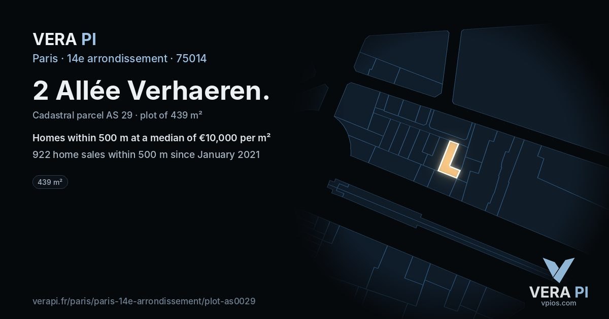 2 Allée Verhaeren, 14e arrondissement at night – the plot lit, the parcels around coloured by the prices near them