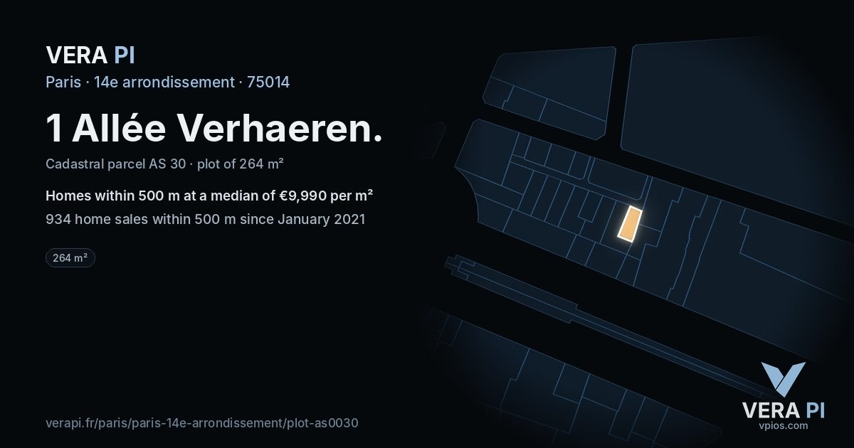 1 Allée Verhaeren, 14e arrondissement at night – the plot lit, the parcels around coloured by the prices near them