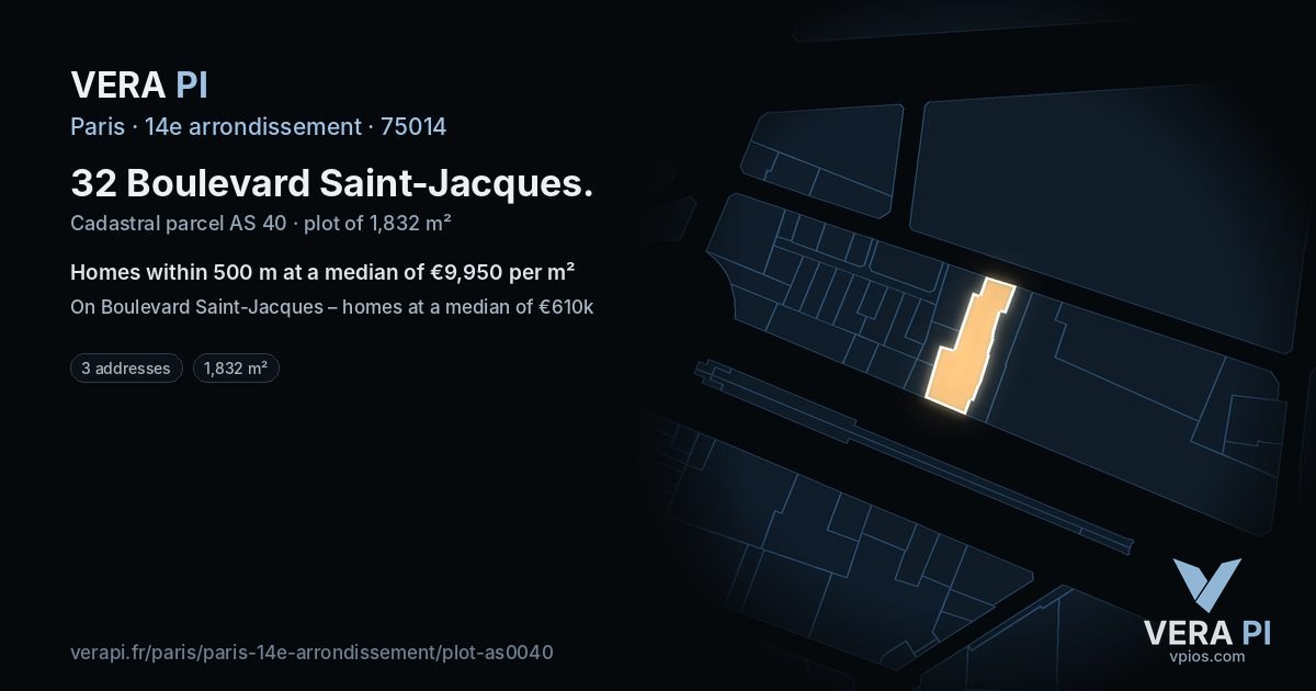 32 Boulevard Saint-Jacques, 14e arrondissement at night – the plot lit, the parcels around coloured by the prices near them