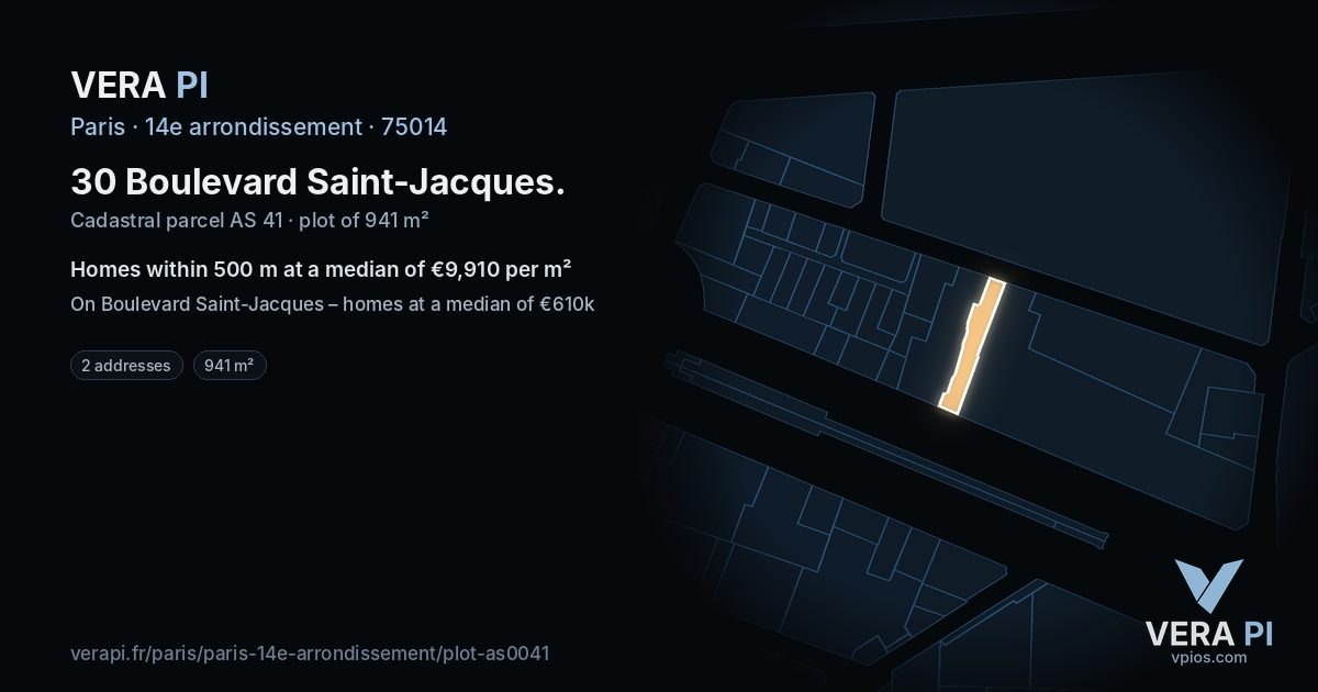 30 Boulevard Saint-Jacques, 14e arrondissement at night – the plot lit, the parcels around coloured by the prices near them