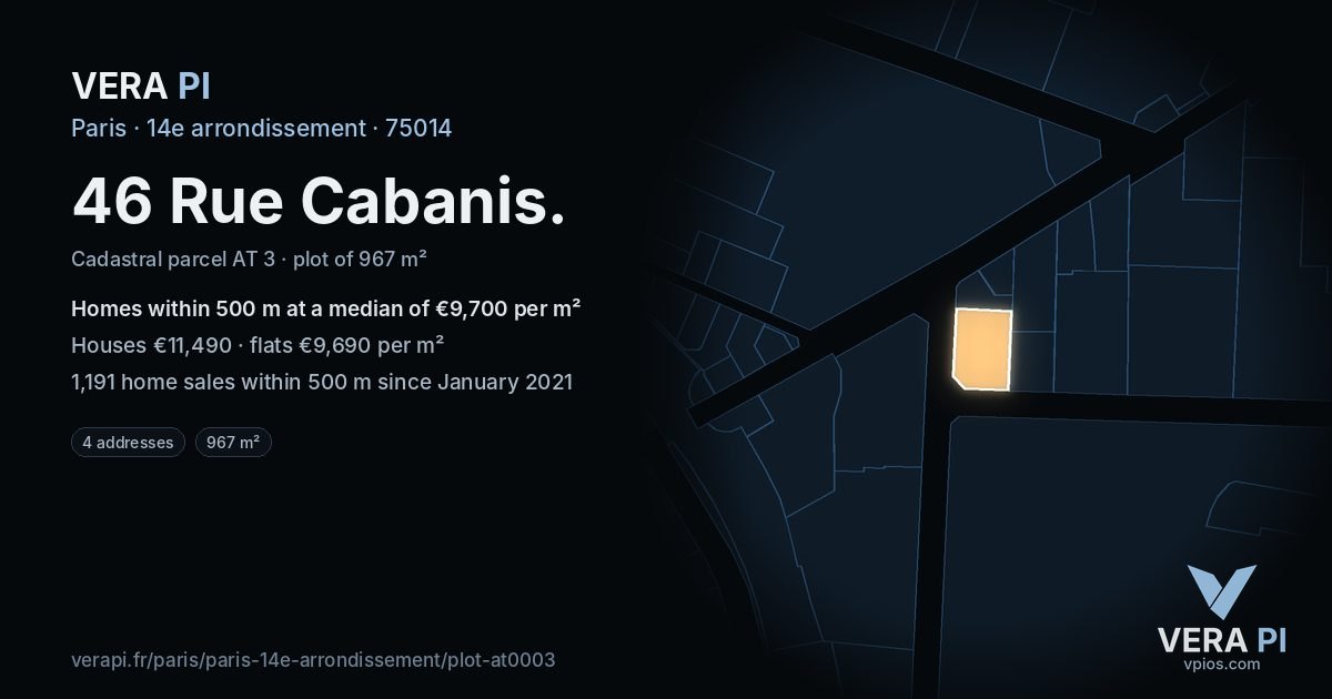 46 Rue Cabanis, 14e arrondissement at night – the plot lit, the parcels around coloured by the prices near them
