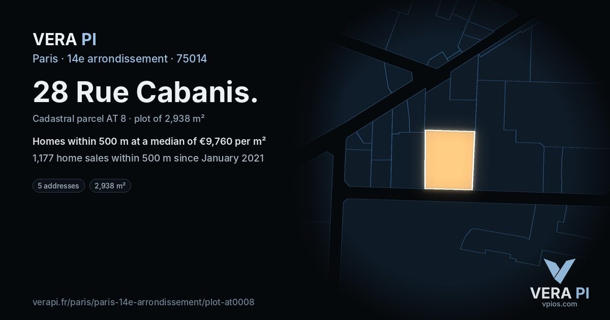 28 Rue Cabanis, 14e arrondissement at night – the plot lit, the parcels around coloured by the prices near them