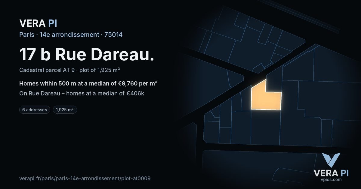 17 b Rue Dareau, 14e arrondissement at night – the plot lit, the parcels around coloured by the prices near them