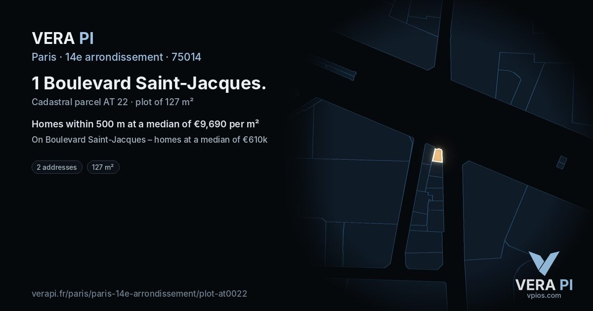 1 Boulevard Saint-Jacques, 14e arrondissement at night – the plot lit, the parcels around coloured by the prices near them