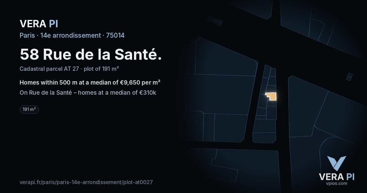 58 Rue de la Santé, 14e arrondissement at night – the plot lit, the parcels around coloured by the prices near them