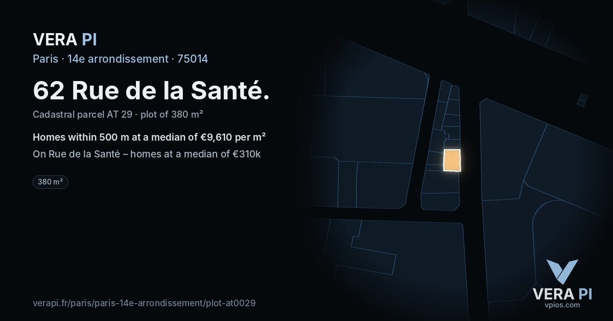 62 Rue de la Santé, 14e arrondissement at night – the plot lit, the parcels around coloured by the prices near them
