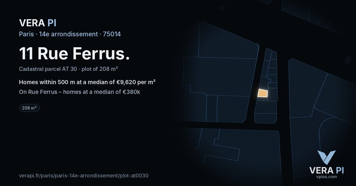11 Rue Ferrus, 14e arrondissement at night – the plot lit, the parcels around coloured by the prices near them