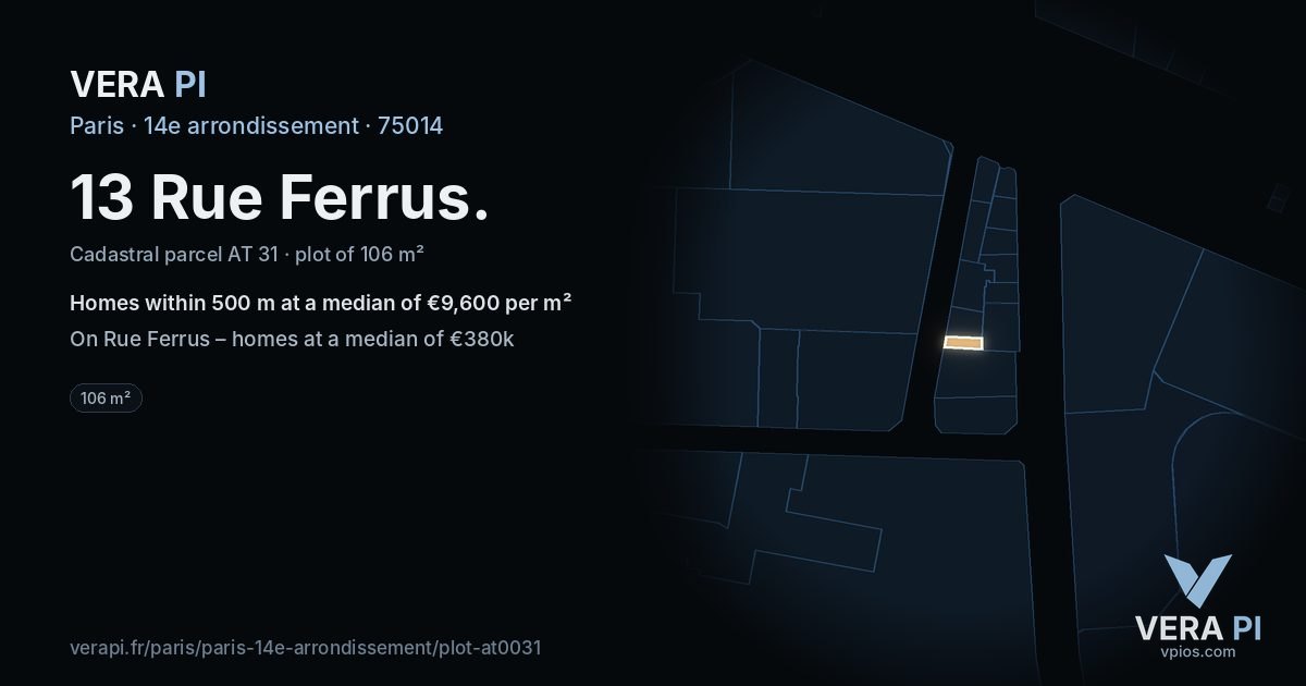13 Rue Ferrus, 14e arrondissement at night – the plot lit, the parcels around coloured by the prices near them