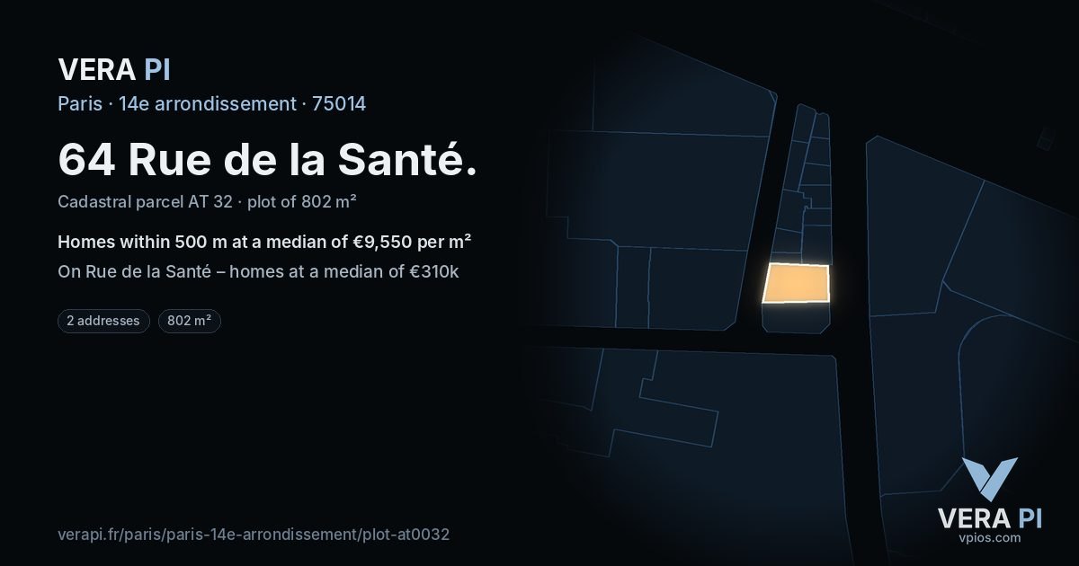 64 Rue de la Santé, 14e arrondissement at night – the plot lit, the parcels around coloured by the prices near them