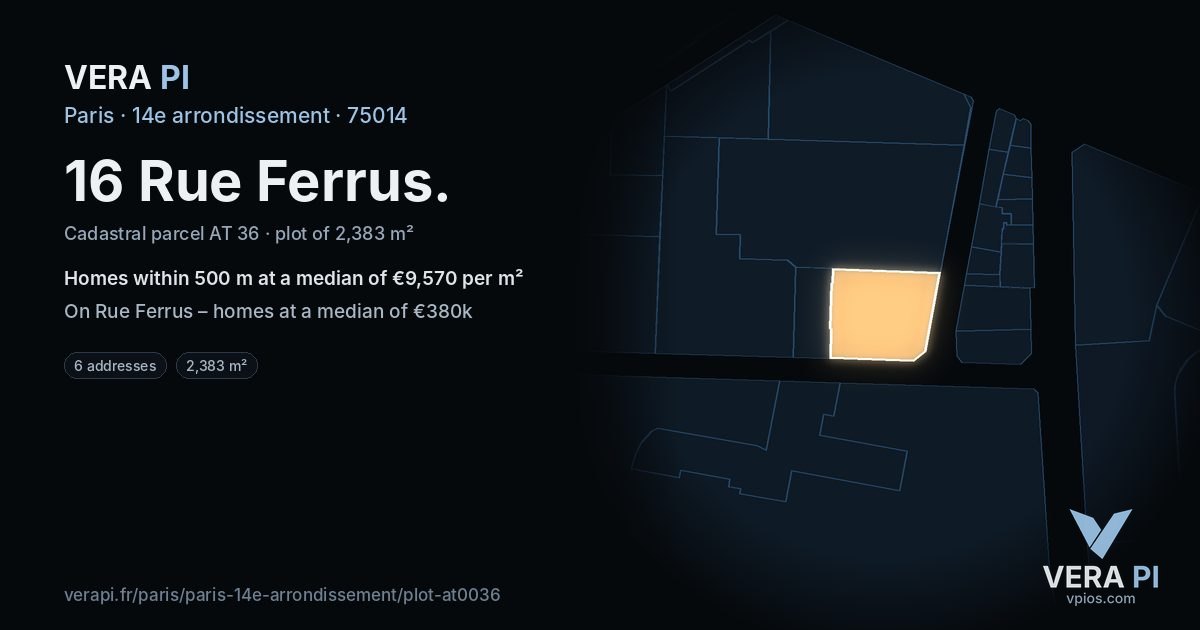 16 Rue Ferrus, 14e arrondissement at night – the plot lit, the parcels around coloured by the prices near them
