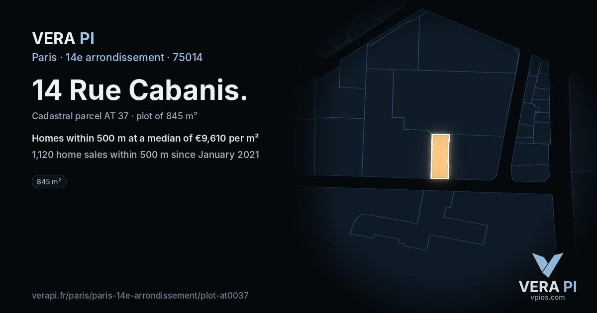 14 Rue Cabanis, 14e arrondissement at night – the plot lit, the parcels around coloured by the prices near them
