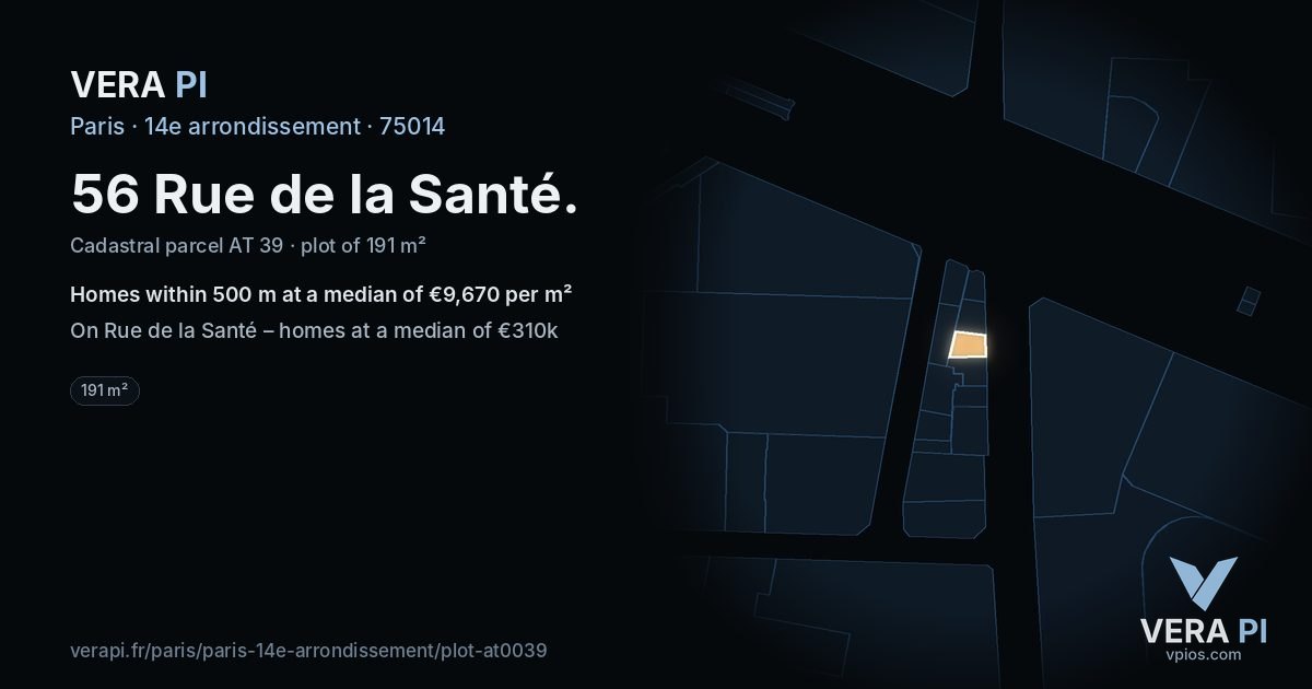 56 Rue de la Santé, 14e arrondissement at night – the plot lit, the parcels around coloured by the prices near them