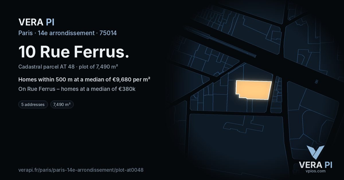10 Rue Ferrus, 14e arrondissement at night – the plot lit, the parcels around coloured by the prices near them