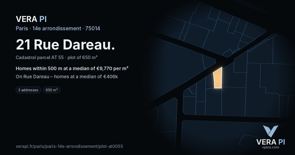 21 Rue Dareau, 14e arrondissement at night – the plot lit, the parcels around coloured by the prices near them