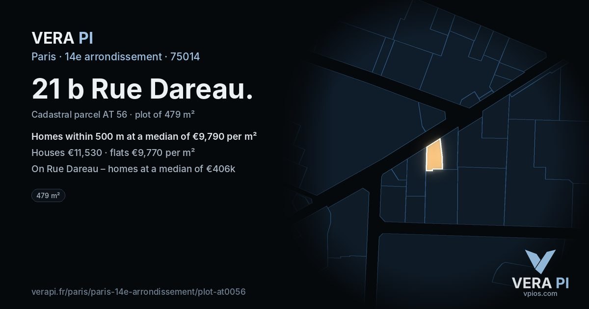 21 b Rue Dareau, 14e arrondissement at night – the plot lit, the parcels around coloured by the prices near them
