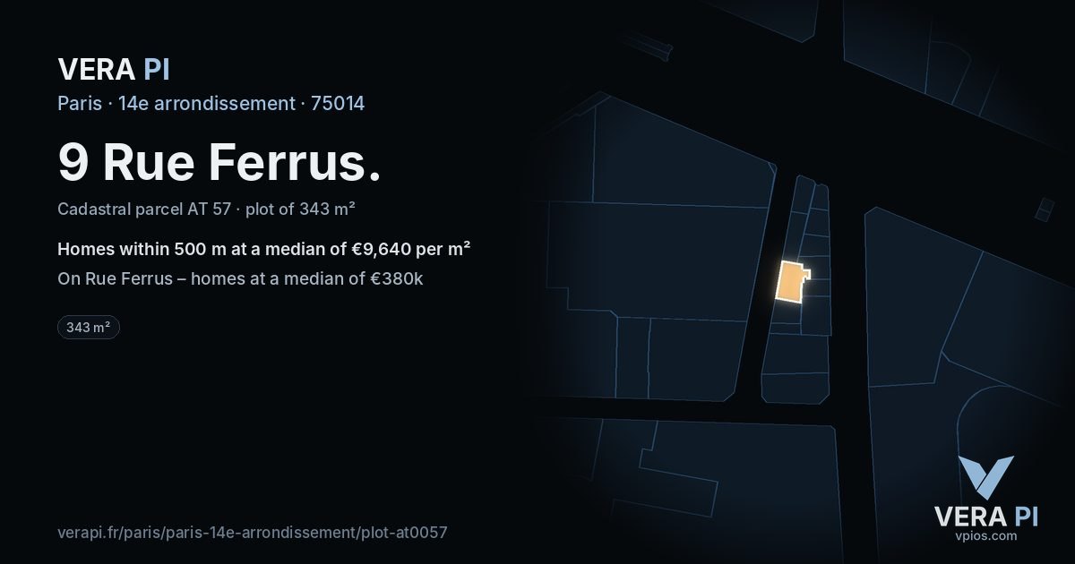 9 Rue Ferrus, 14e arrondissement at night – the plot lit, the parcels around coloured by the prices near them
