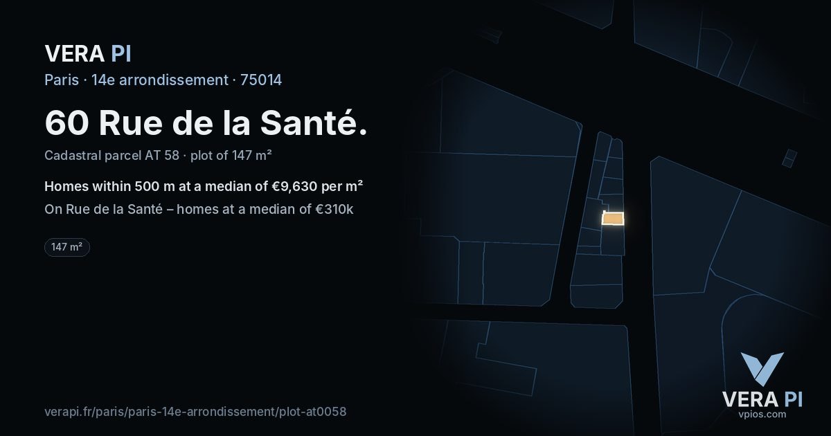 60 Rue de la Santé, 14e arrondissement at night – the plot lit, the parcels around coloured by the prices near them