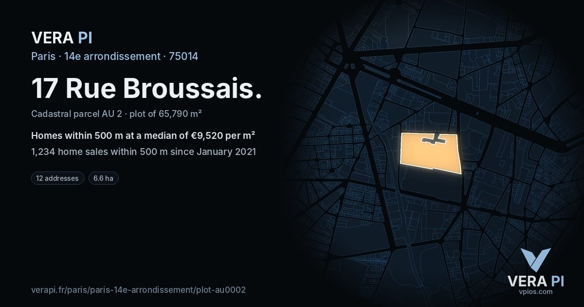 17 Rue Broussais, 14e arrondissement at night – the plot lit, the parcels around coloured by the prices near them