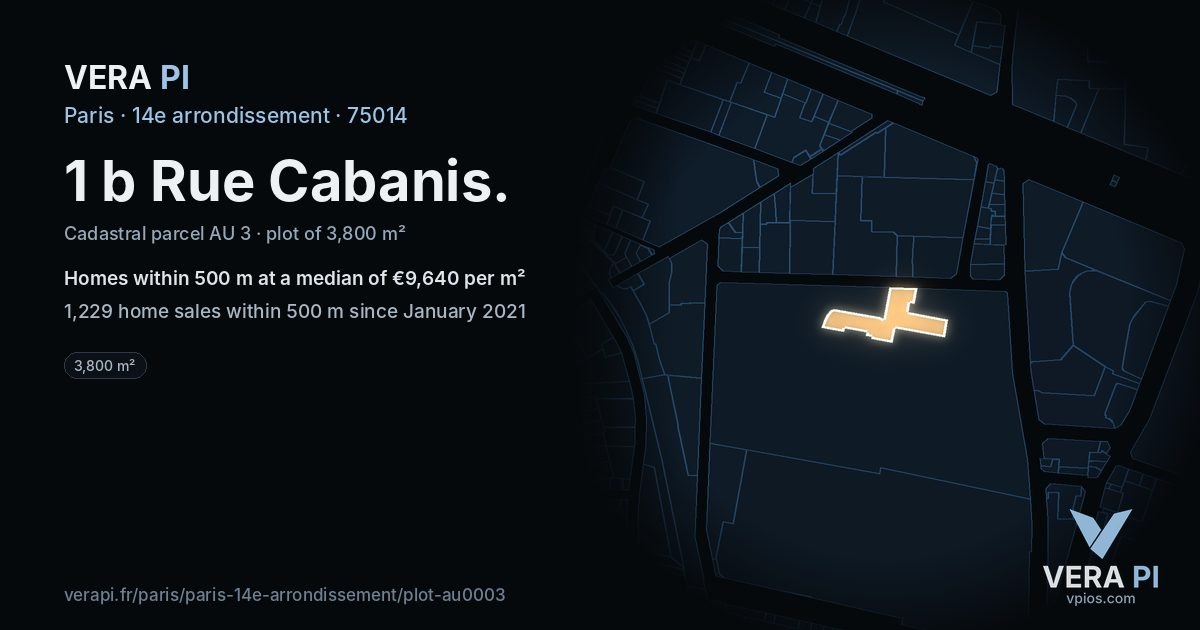 1 b Rue Cabanis, 14e arrondissement at night – the plot lit, the parcels around coloured by the prices near them