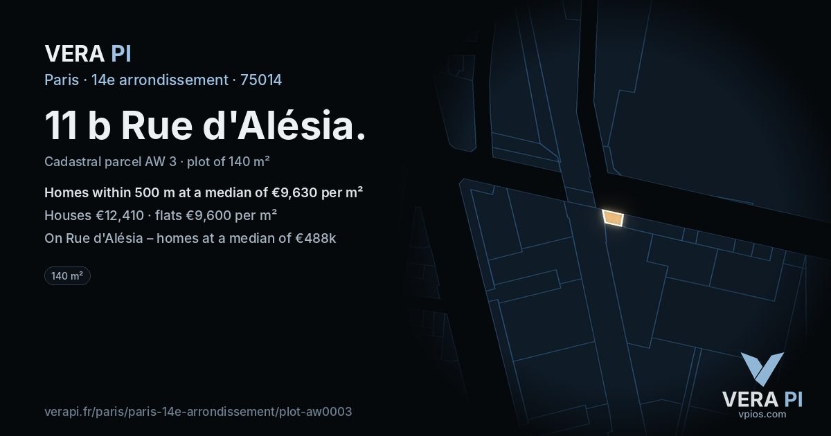 11 b Rue d'Alésia, 14e arrondissement at night – the plot lit, the parcels around coloured by the prices near them