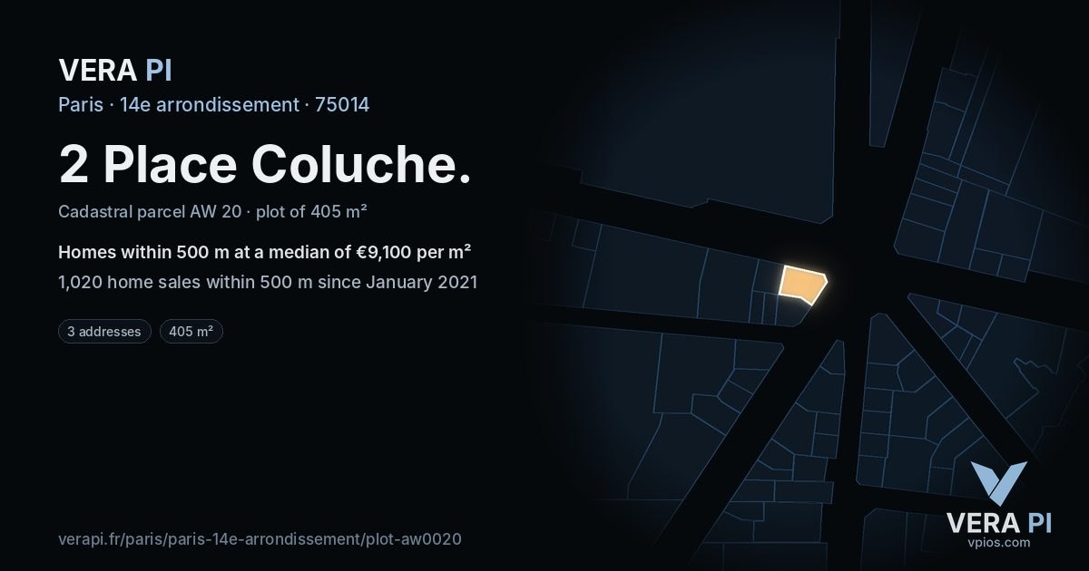2 Place Coluche, 14e arrondissement at night – the plot lit, the parcels around coloured by the prices near them