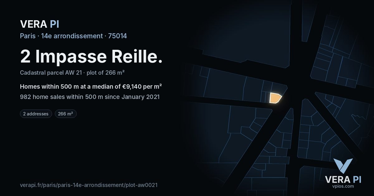 2 Impasse Reille, 14e arrondissement at night – the plot lit, the parcels around coloured by the prices near them