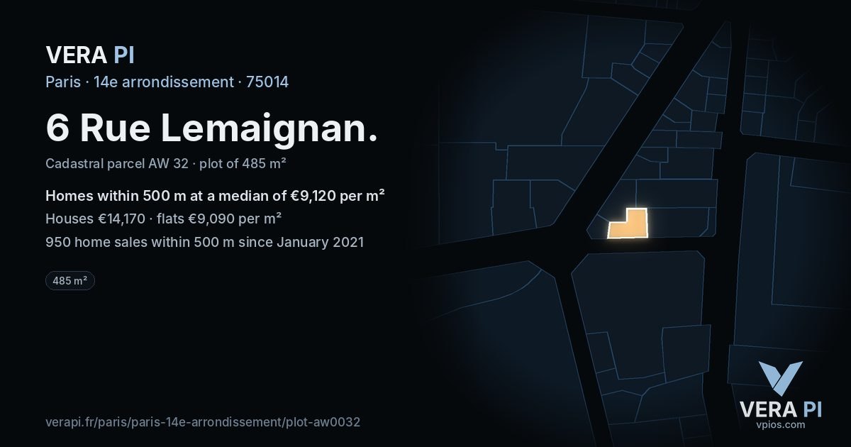 6 Rue Lemaignan, 14e arrondissement at night – the plot lit, the parcels around coloured by the prices near them