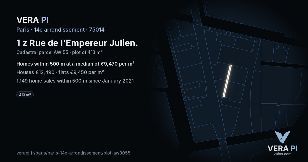 1 z Rue de l'Empereur Julien, 14e arrondissement at night – the plot lit, the parcels around coloured by the prices near them