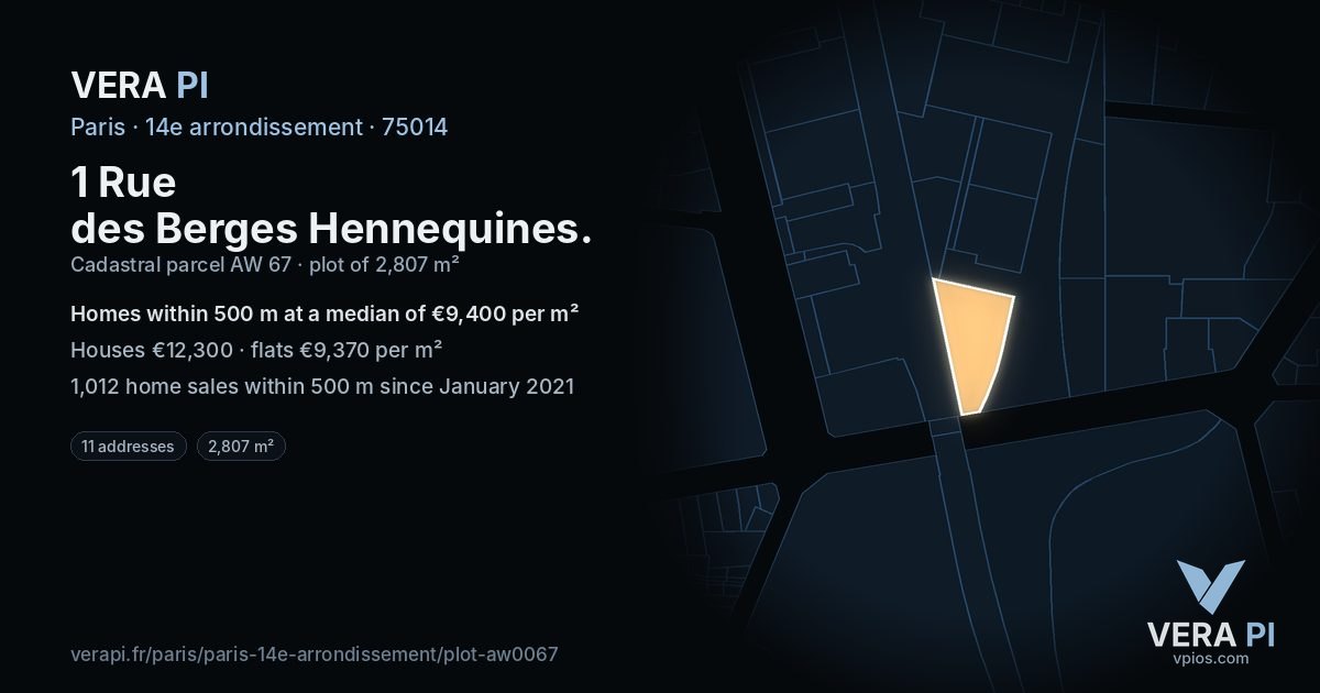 1 Rue des Berges Hennequines, 14e arrondissement at night – the plot lit, the parcels around coloured by the prices near them