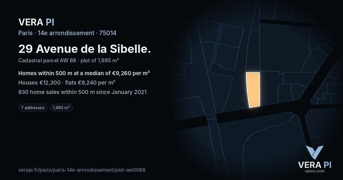29 Avenue de la Sibelle, 14e arrondissement at night – the plot lit, the parcels around coloured by the prices near them