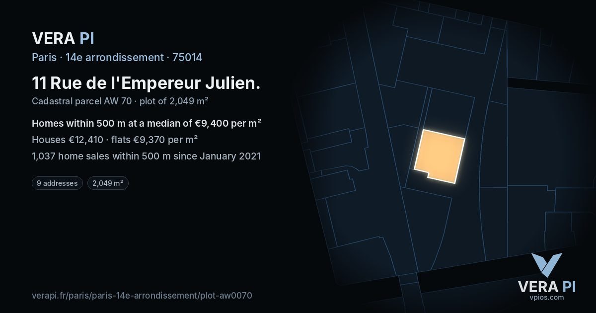 11 Rue de l'Empereur Julien, 14e arrondissement at night – the plot lit, the parcels around coloured by the prices near them