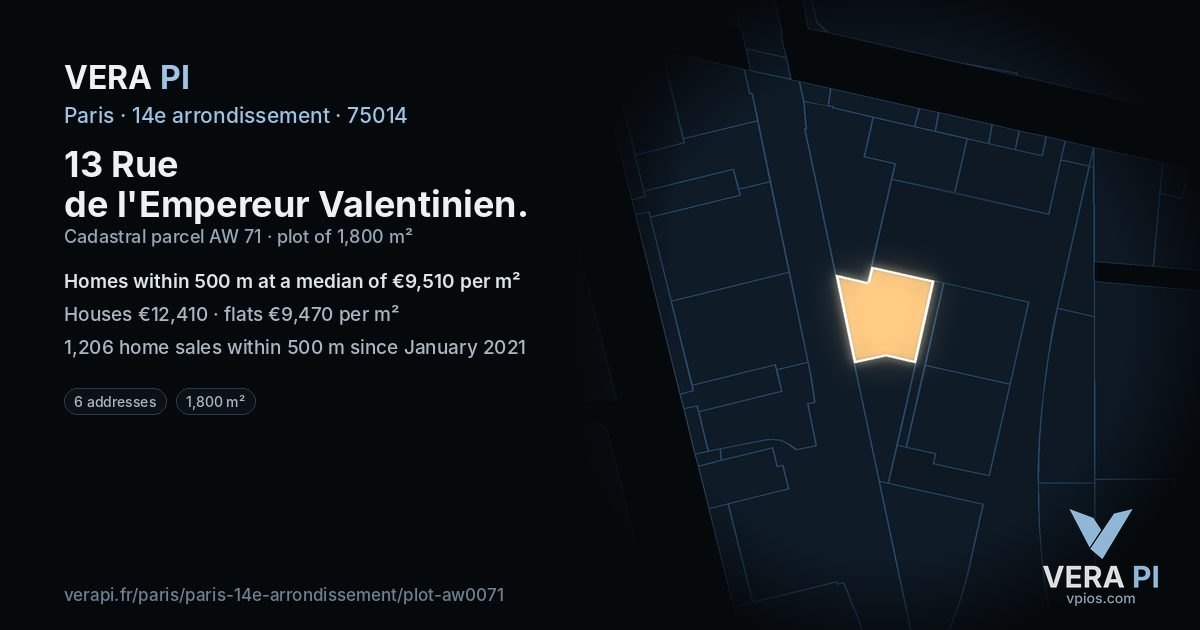 13 Rue de l'Empereur Valentinien, 14e arrondissement at night – the plot lit, the parcels around coloured by the prices near them
