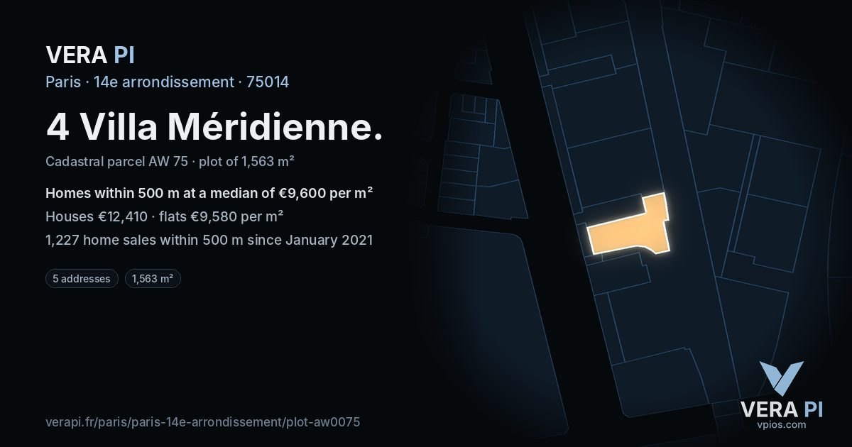 4 Villa Méridienne, 14e arrondissement at night – the plot lit, the parcels around coloured by the prices near them