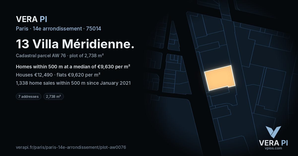 13 Villa Méridienne, 14e arrondissement at night – the plot lit, the parcels around coloured by the prices near them