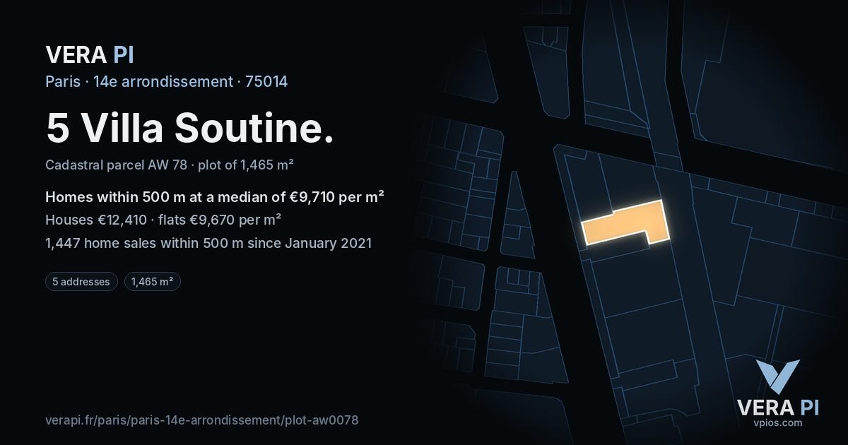 5 Villa Soutine, 14e arrondissement at night – the plot lit, the parcels around coloured by the prices near them